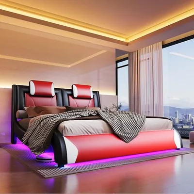 Full Size LED Bed Frame, Faux Leather Headboard, Wave Design, Red