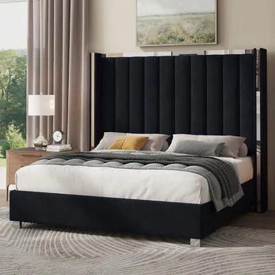 Queen Upholstered Bed Frame with 58 in Tall Headboard, Black