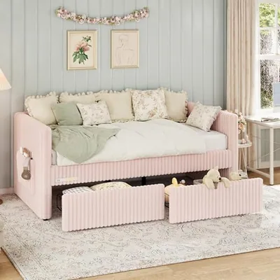 Twin Faux Fur Upholstered Daybed with Storage Drawers, Pink