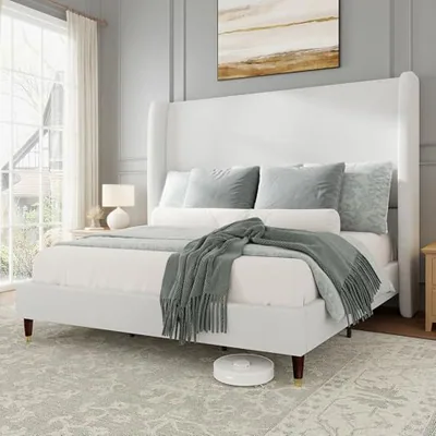 Queen Bed Frame Linen Upholstered Wingback Headboard, White