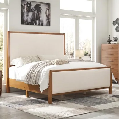 58 in Tall Solid Wood King Size Bed Frame with Upholstered, Walnut