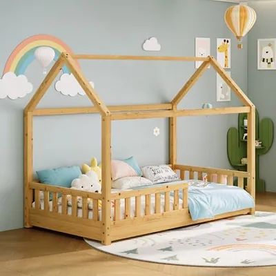 Twin Size House Bed for Kids with Guardrails, Natural