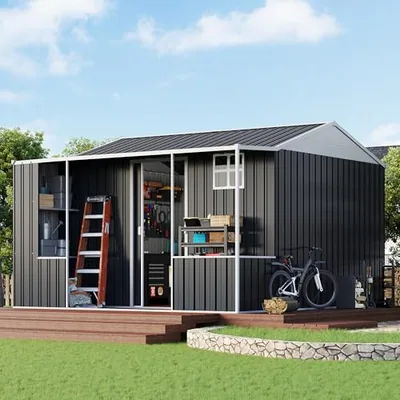 10x10.5x7 FT Dual-Zone Metal Storage Shed with Work Area, Gray