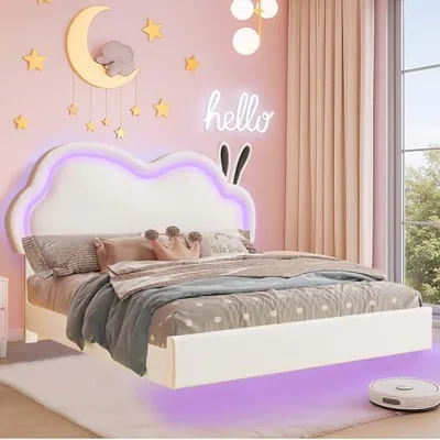 Twin Floating Bed Frame with Cloud Headboard for Kids, White