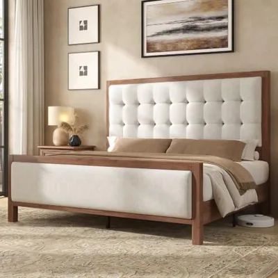 Queen Solid Wood Bed Frame 50 in Tall Headboard&Footboard, Walnut