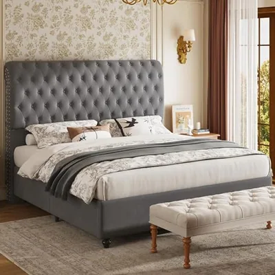 Queen Bed Frame 52.8 in Sleigh Headboard, Velvet Upholstered, Gray