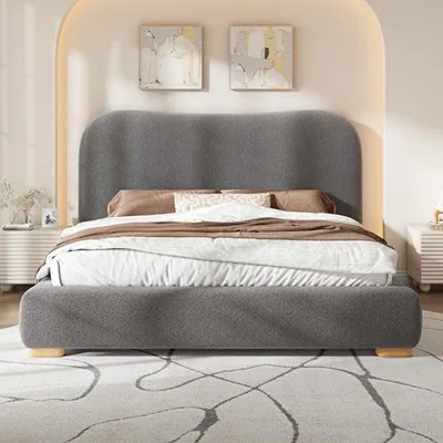 Full Cloud Bed Frame with Curved Upholstered Headboard, Gray