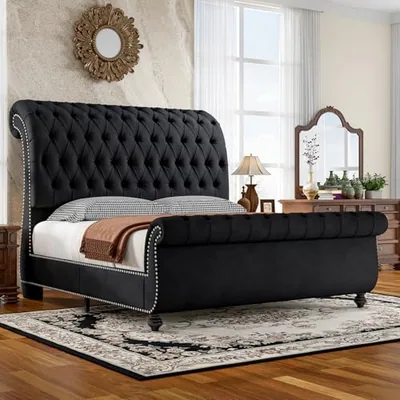 California King Bed Frame with Sleigh Headboard & Footboard, Black