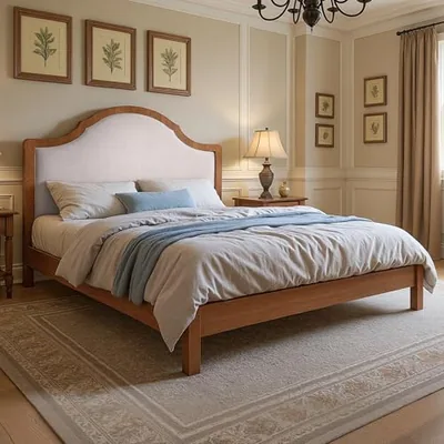 King Size Bed Frame with Tall Upholstered Curved Headboard, Walnut