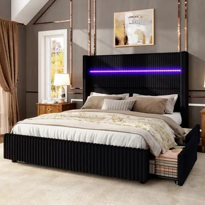 Full Storage Bed Frame, Corduroy 51.2 in Wingback Headboard, Black