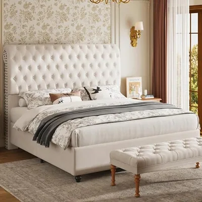 Queen Bed Frame 52.8 in Sleigh Headboard, Velvet Upholstered, Cream