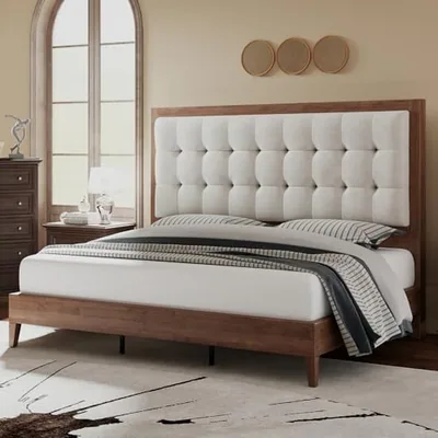 King Bed Frame Solid Wood, 50 in Tall Upholstered Headboard, Walnut