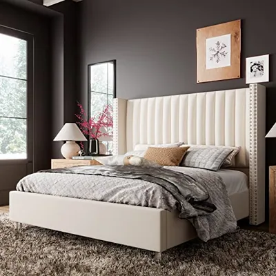 King Size Bed Frame Velvet Upholstered Wingback Headboard, Cream