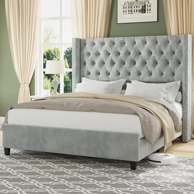 Queen Bed Frame with 51.6 in Tall Upholstered Headboard, Gray