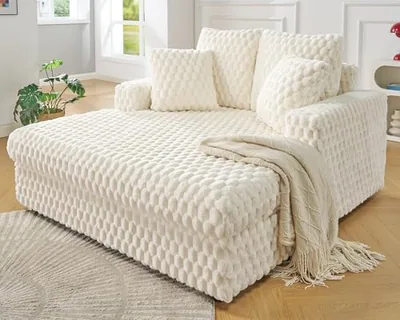 58 Inch Oversized Chaise Lounge, Plush Sofa Bed with Throw, Cream