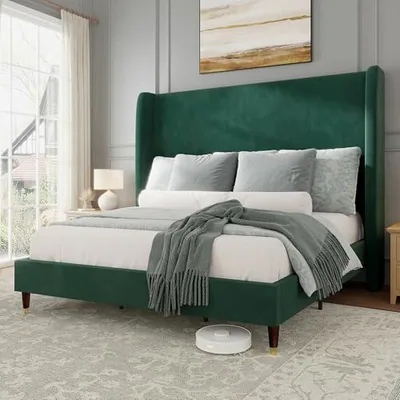 King Bed Frame Velvet Upholstered Wingback Headboard, Green