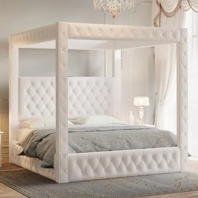 King Canopy Bed Frame Velvet Upholstered Headboard, Cream