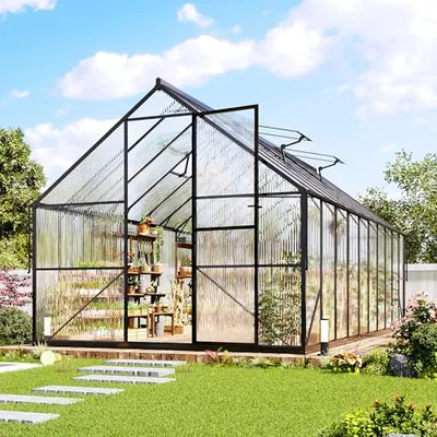 8x20 FT Walk-in Polycarbonate Greenhouse with 2 Top Windows, Black