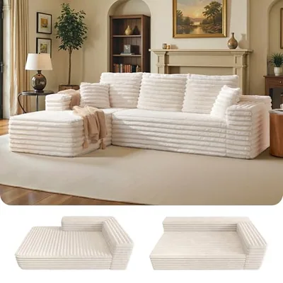 106 Inch Modular Sectional Sofa with Corduroy Fabric, Cream