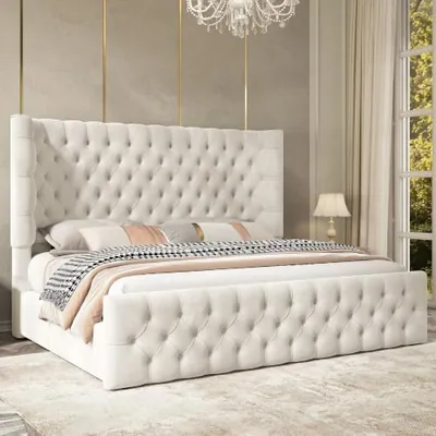 Queen Bed Frame Upholstered Wingback Headboard & Footboard, Cream