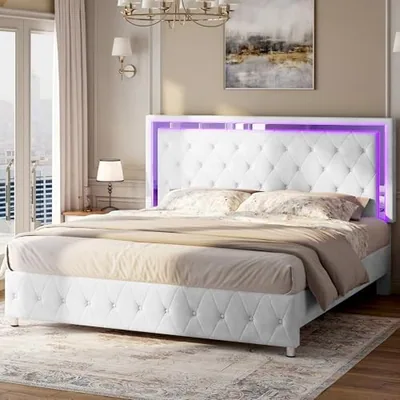 Queen Bed Frame LED Lights Headboard, Velvet Upholstered, White