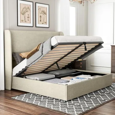 Queen Lift Up Storage Bed Frame, Linen Wingback Headboard, Khaki