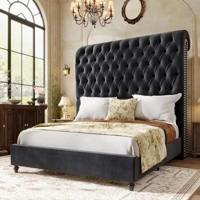 King Bed Frame Velvet Upholstered 59 in Sleigh Headboard, Black