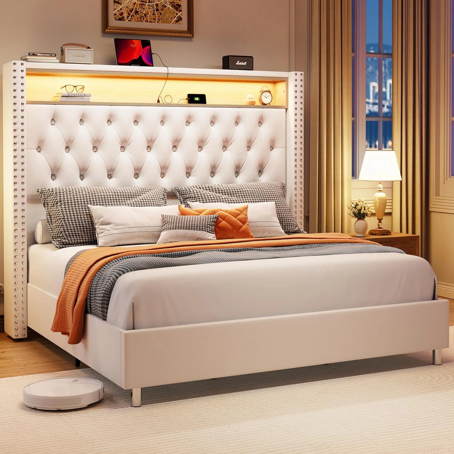 A headboard with its own light and shelf: the drawing always starts at the wall.