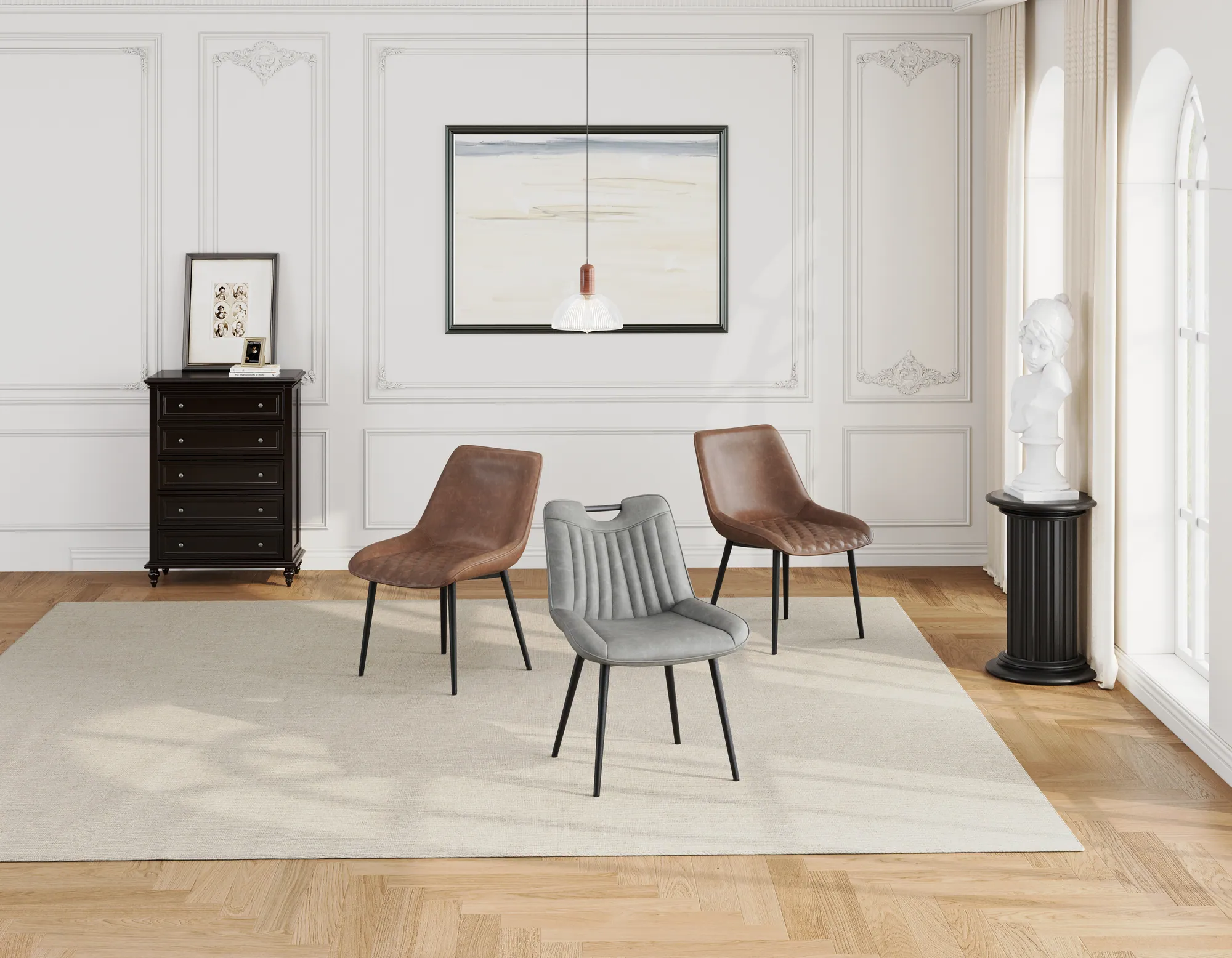 Dining chairs in a white room, the small pieces that fill the gaps between big ones.