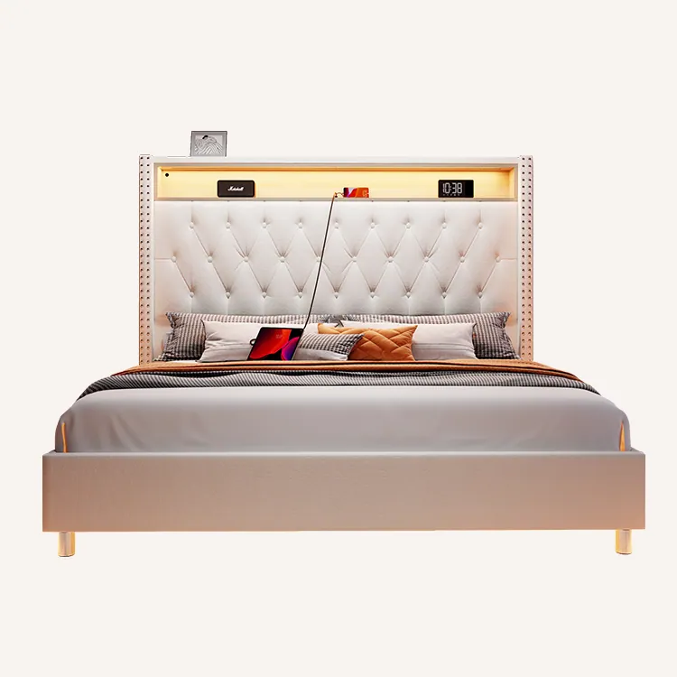 A storage headboard with outlets: every feature we name is on the piece, not in the caption.