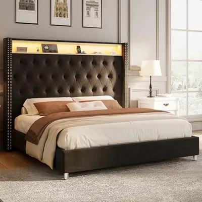 Queen Bed Frame, 53.2 in Velvet Headboard, LED & Charging, Black
