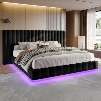 King Bed Frame with 100 in Wide Velvet Upholstered Headboard, Black
