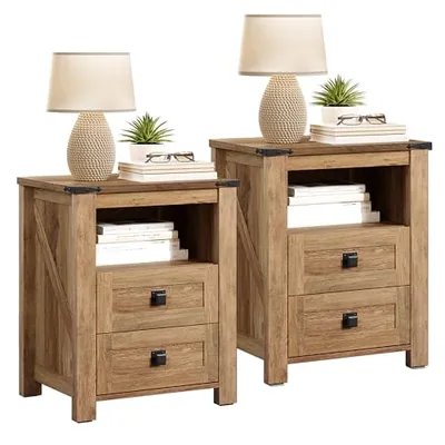 17.7 in W Nightstand Set of 2, Wooden End Table, Oak