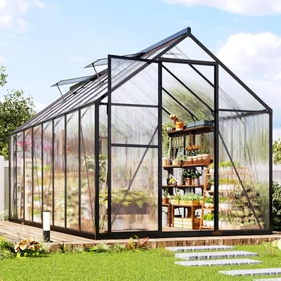 6x16 FT Walk-in Polycarbonate Greenhouse with 2 Top Windows, Black