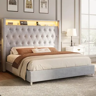 King Size Bed Frame, 53.2 in Velvet Headboard, LED & Charging, Gray