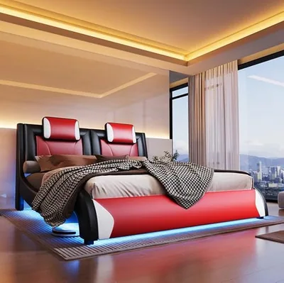 Queen Size LED Bed Frame, Faux Leather Headboard, Wave Design, Red