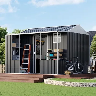 9x9x7 FT Dual-Zone Metal Storage Shed with Work Area, Gray