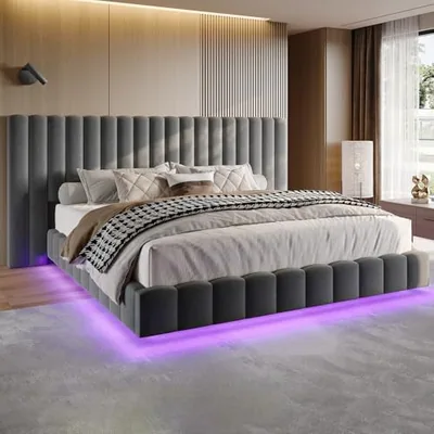 Queen Bed Frame with 85 in Wide Velvet Upholstered Headboard, Gray