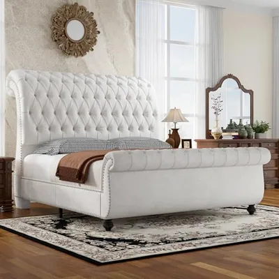 California King Bed Frame with Sleigh Headboard & Footboard, White
