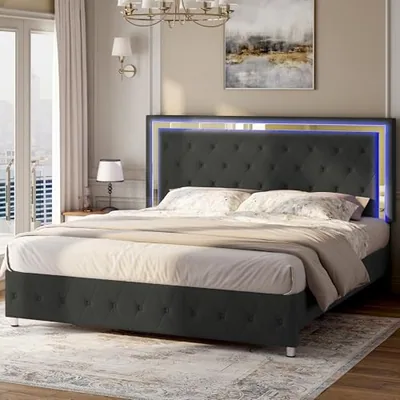 Full Bed Frame LED Lights Headboard, Velvet Upholstered, Black