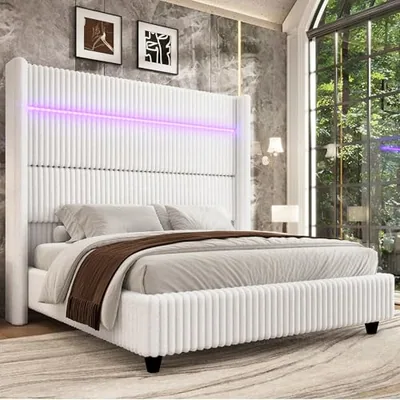 King Bed Frame Faux-Fur Upholstered 60 in Tall Headboard, White
