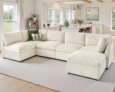 Oversized Cloud Couch Sectional, U-Shaped Modular Couch, Beige