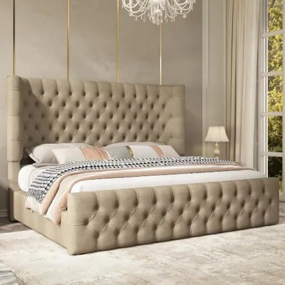 Queen Bed Frame Upholstered Wingback Headboard & Footboard, Khaki
