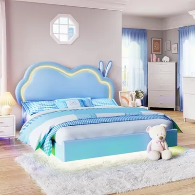 Twin Floating Bed Frame with Cloud Headboard for Kids, Blue