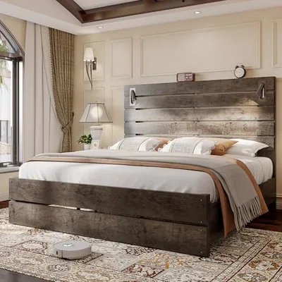 King Bed Frame Farmhouse 51 in Headboard&Reading Lights, Gray