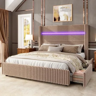 Queen Storage Bed Frame, Corduroy 51.2 in Headboard, Khaki