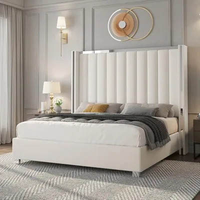 King Size Upholstered Bed Frame with 58 in Tall Headboard, Cream