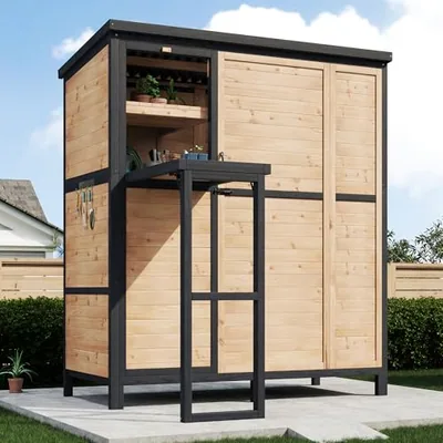 Solid Wood Outdoor Storage Cabinet Shed, 2.76x5.15x5.9 FT, Oak