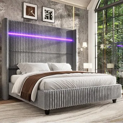 King Bed Frame Faux-Fur Upholstered 60 in Tall Headboard, Gray