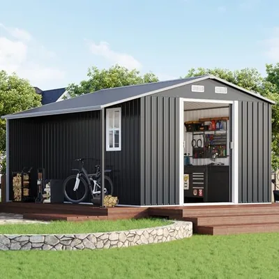 10.6x10.3x6.3 FT Outdoor Backyard Storage Shed, Gray